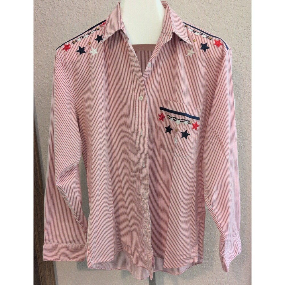 Vintage P.G.B. Red White Striped Patriotic Stars Button Up Womens Blouse Shirt L